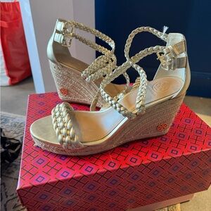 Tory Burch Gold Braided Wedge Sandals